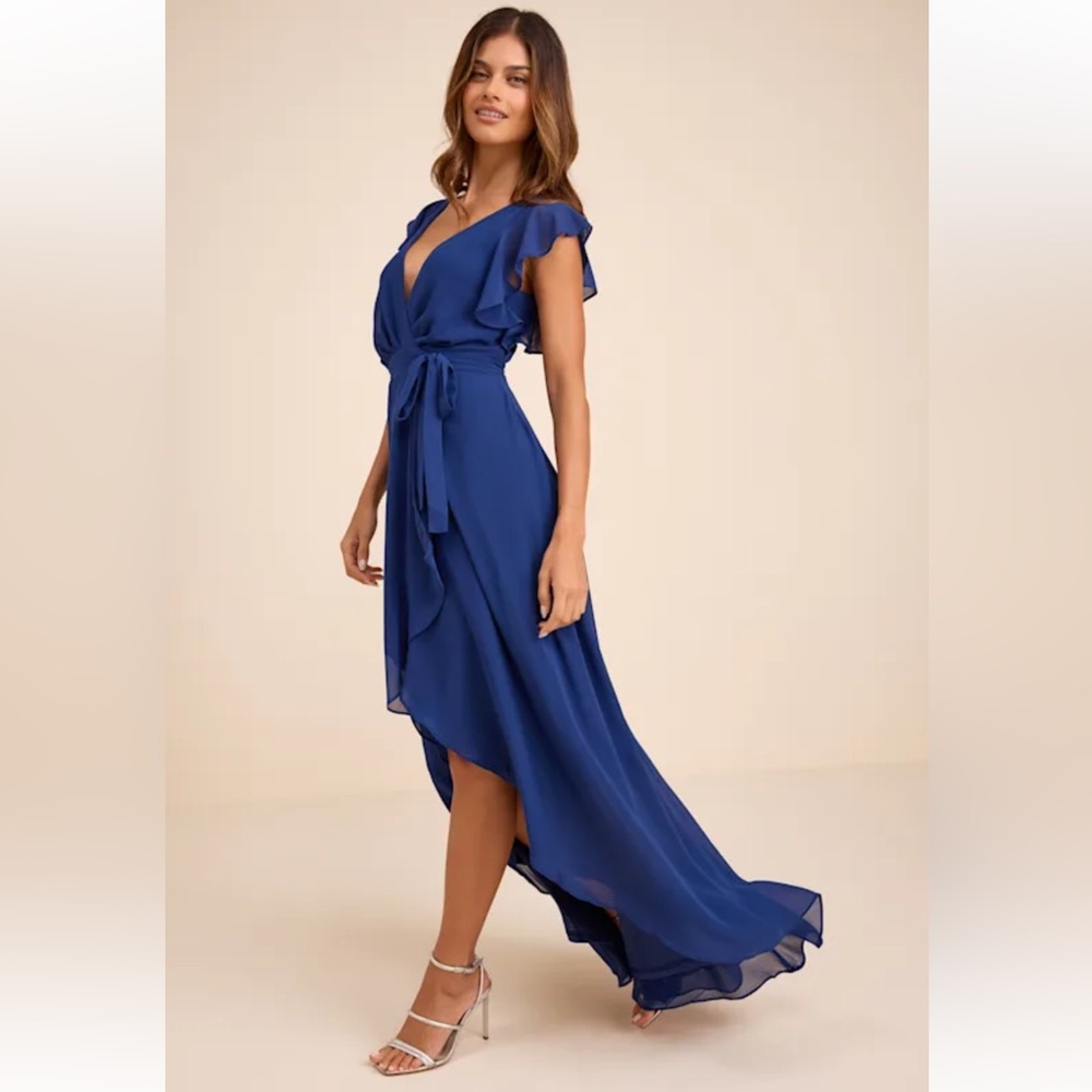 Lulus Navy Wrap Maxi Dress with Ruffle Sleeves high low size M NEW